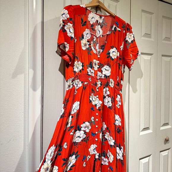 Retro Tomato Red & White Floral Flowy Short Sleeve Button Down A Line Maxi Dress - Picture 5 of 12
